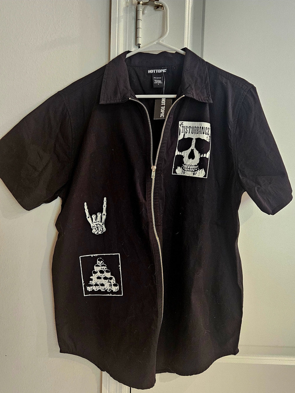 Hot Topic Black Short Sleeve Shirt with Skull Patches